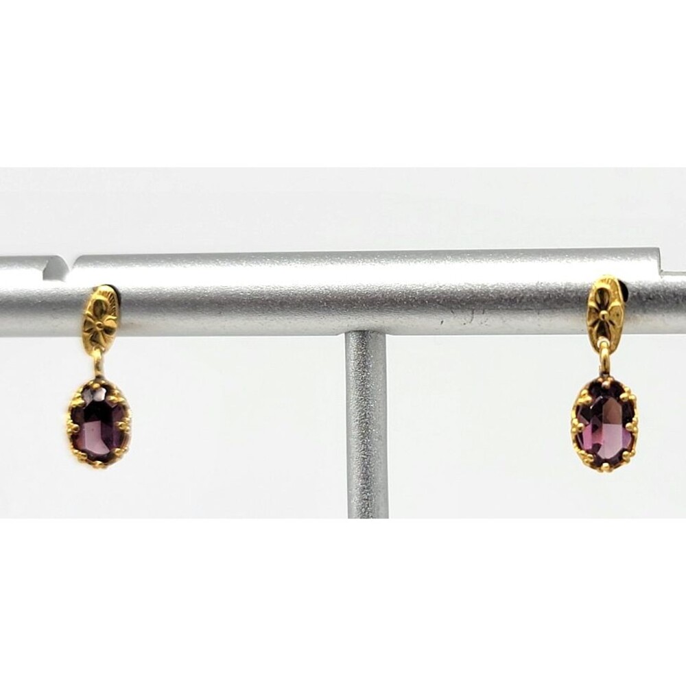 14Kt Yellow Gold 585 Amethyst Gemstone Purple Drop Earrings Oval Vintage Sparkly